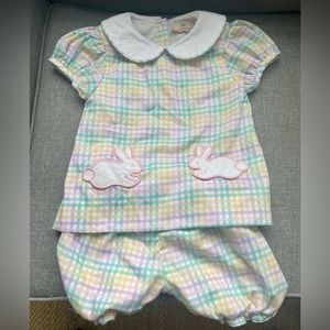 Smockingbird Rainbow Plaid Bloomer Set with Bunny Pockets- 24 Months